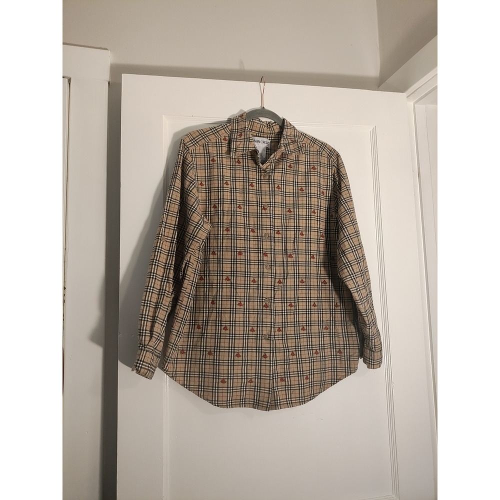 Vintage 90s Cabin Creek Plaid Shirt L Embroidered Roses Cottagecore 100% Cotton